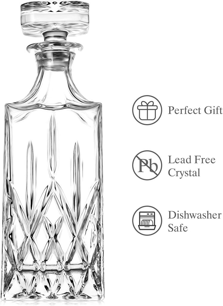 Whiskey Decanter With Glass Stopper ,25 oz Liquor Decanter For Alcohol , Wine , Scotch , Brandy or Bourbon Decanter , Lead-Free Crystal Decanter