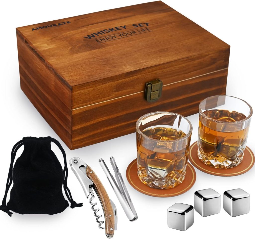Whiskey Glasses Set of 2 - Great Gift Set for Men - Bourbon Glasses Made for Whiskey Rocks - Includes Chilling Stones and Wooden Box - Glass Goes with Scotch, Whisky and Bourbon