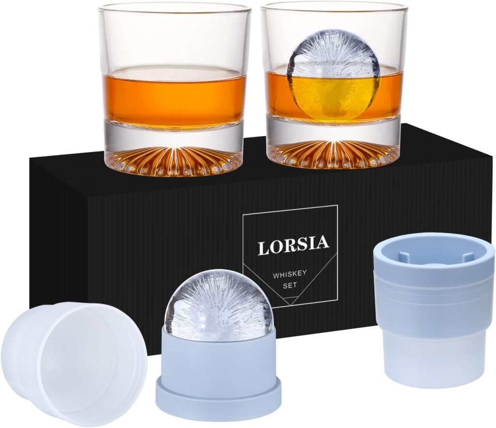 Whiskey Rocks Glass, Set of 4 (2 Crystal Bourbon Glasses, 2 Big Ice Ball Molds) In Gift Box - 10 Oz Old Fashioned Glasses for Scotch Cocktail Rum Cognac Vodka Liquor Brandy, Unique Gifts for Men