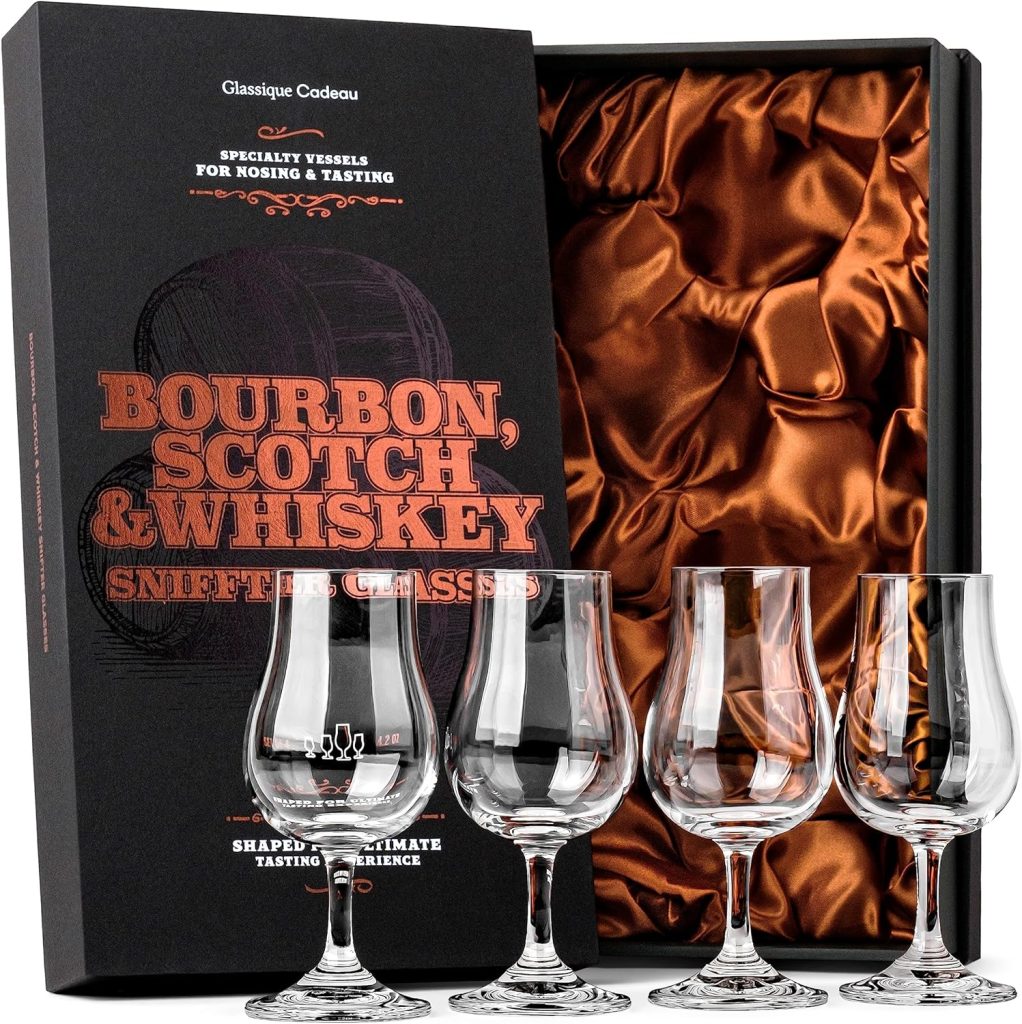 Whiskey, Scotch, Bourbon Tasting Glasses | Set of 4 Crystal Snifters | Professional 4 oz Tulip Shaped Nosing Copitas with Short Stem | Small Stemmed Gift Sniffers for Sipping Neat Liquor