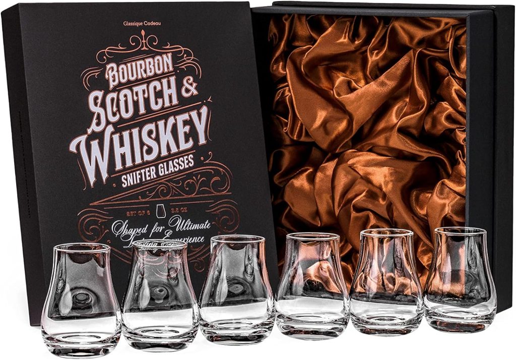 Whiskey, Scotch, Bourbon Tasting Glasses | Set of 6 | Professional 3.5 oz Stemless Tulip Shaped Tasting and Nosing Copitas | Small Crystal Snifters Gift Sniffers for Sipping Neat Liquor