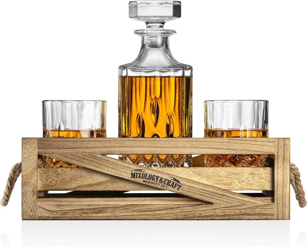 Whiskey Stones Gift Set for Men | Whiskey Decanter with Glasses Set and Wood Stand, 6 Granite Whiskey Chilling Stones and 10oz Whiskey Glasses | Whiskey Decanter Set for Men, Dad, Husband, Boyfriend