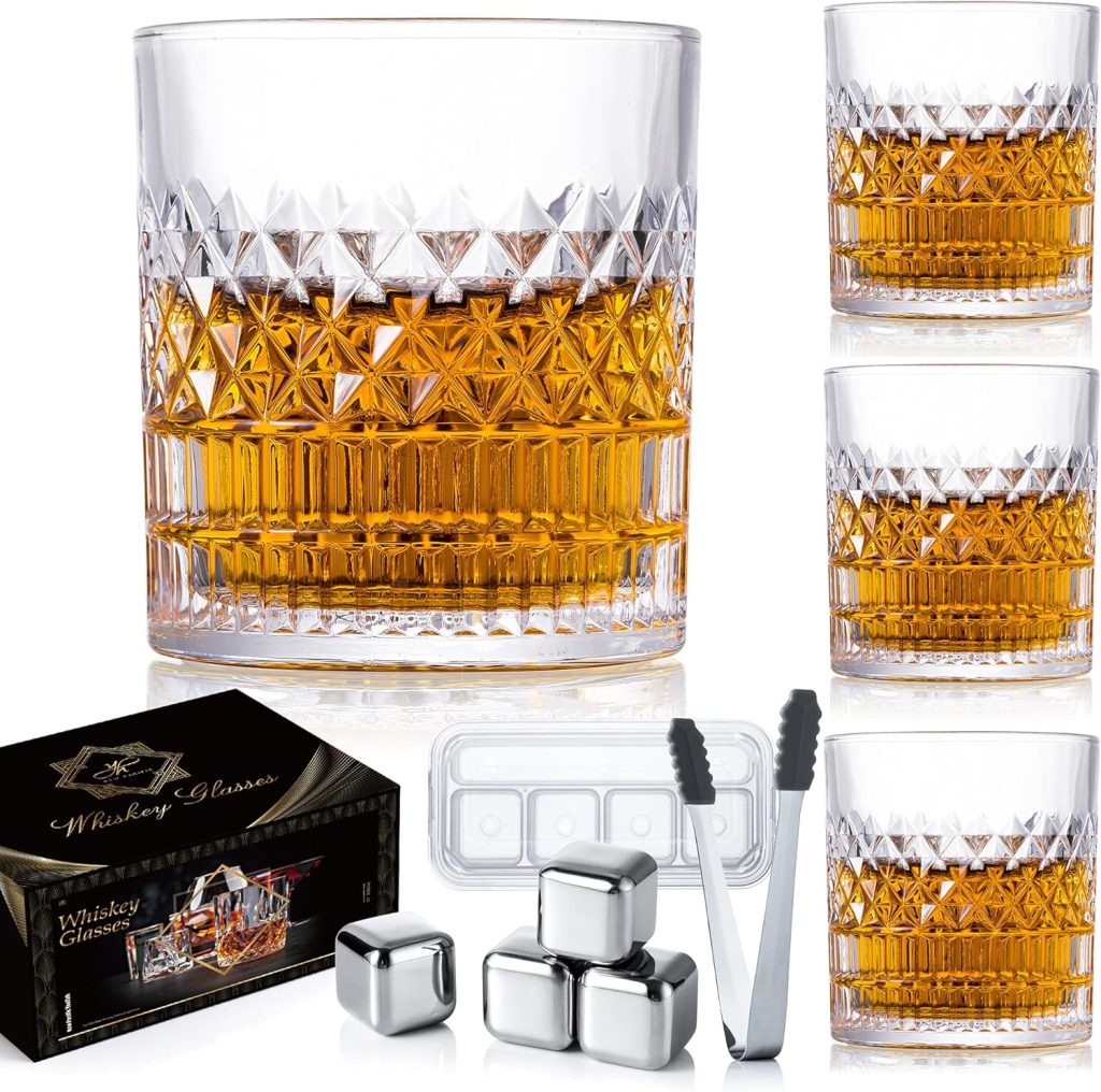 YouYah Whiskey Glasses Set of 4,Rocks Glasses With 4 Ice Cubes  Tong,Lead-free Crystal Bar Glasses,Gifts for Men,Tumblers Lowball Glassware for Brandy,Cocktail,Vodka,Bourbon,Cognac (Classic)