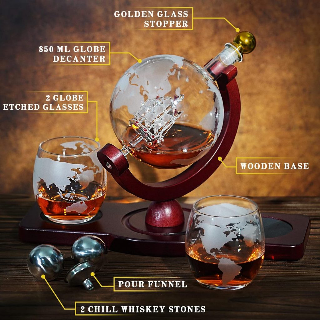 Gifts for Men Dad Fathers Day, Whiskey Decanter Globe Set with 2 Ball Stones  2 Glasses, Anniversary Birthday Gifts for Him Husband Boyfriend, Unique Gift for Bourbon Scotch Liquor, Cool Stuff