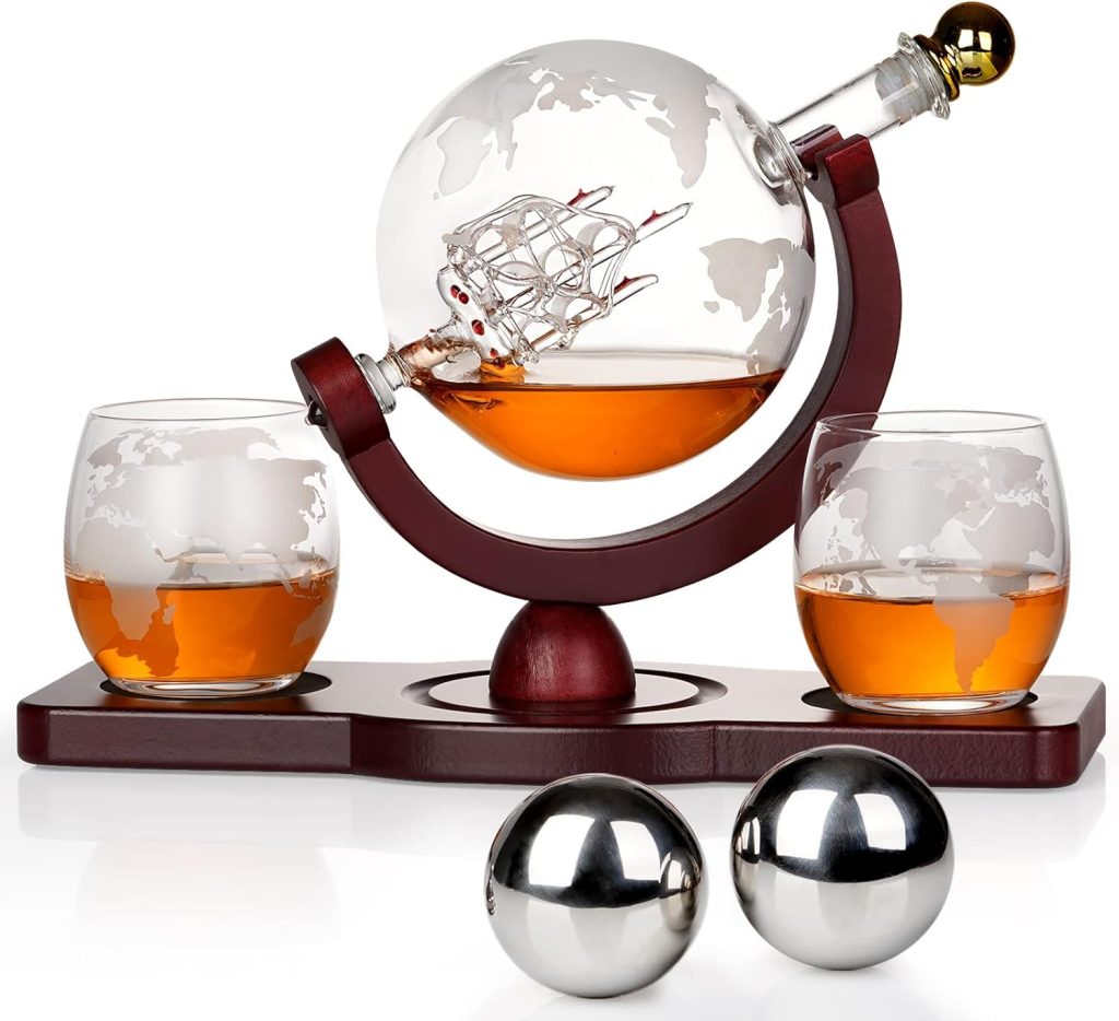 Gifts for Men Dad Fathers Day, Whiskey Decanter Globe Set with 2 Ball Stones  2 Glasses, Anniversary Birthday Gifts for Him Husband Boyfriend, Unique Gift for Bourbon Scotch Liquor, Cool Stuff