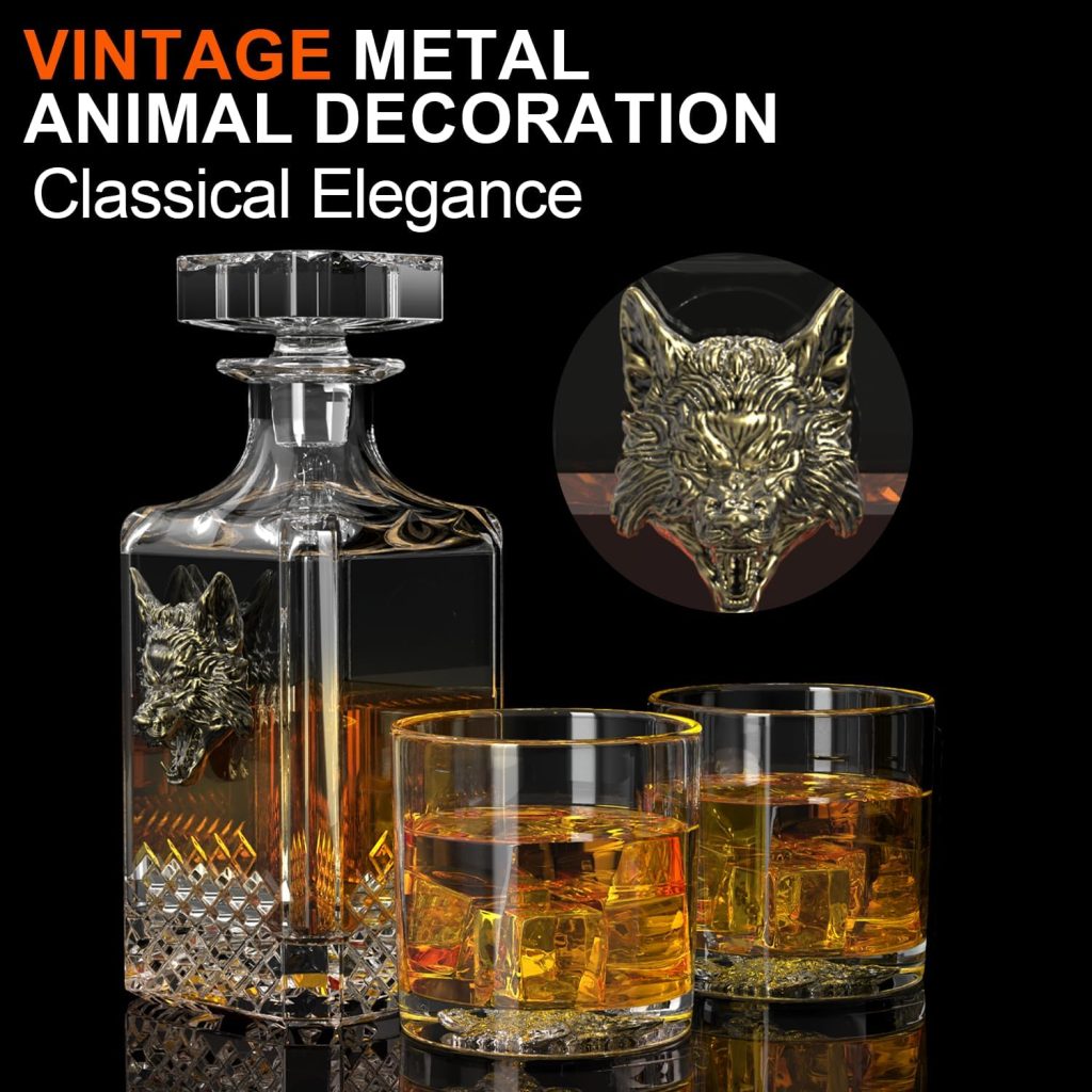 Whiskey Decanter Set with 2 Glasses,Creative Whiskey Decanter with Vintage Metal Head,25oz Liquor Decanter Glass Whiskey Decanter for men Whisky Lovers,Best Retirement  Birthday Gifts for Men Dad