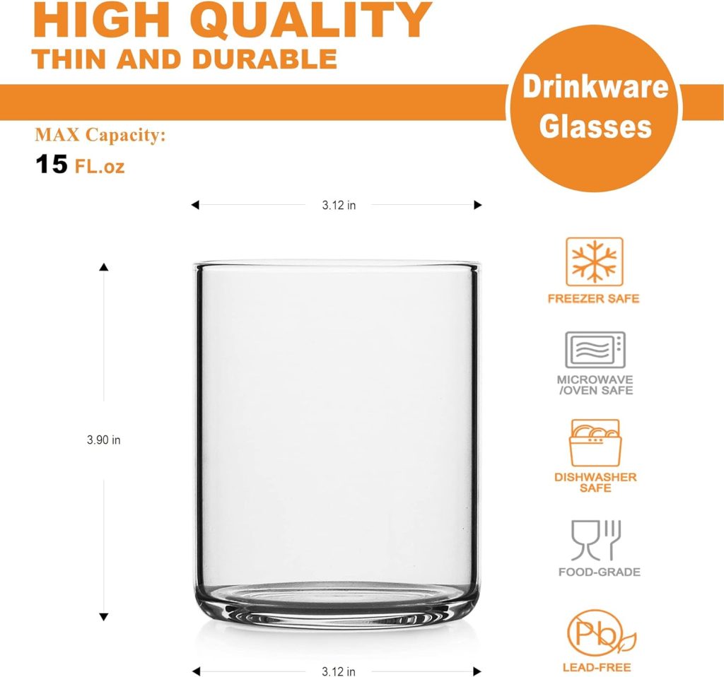 LUXU Thin Whiskey Glasses 15 oz,Premium Water Glasses Set of 4,Clear Glass Cups For Water, Juice, Beer, Drinks, and Cocktails and Mixed Drinks (15 OZ)
