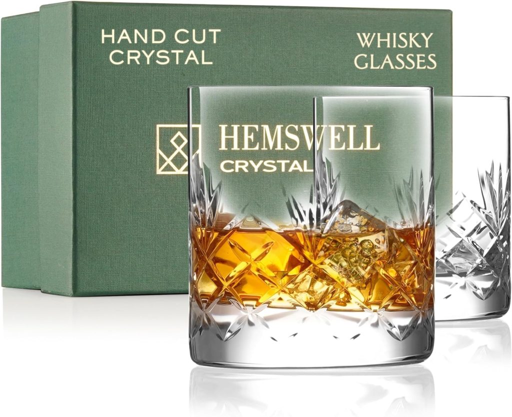 Whisky Glasses Set of 2 11oz - Luxury Cut Glass Whiskey Rock Tumblers for Men - Old Fashioned Glassware Sets for Bourbon and Whisky with Solid Base - Satin Lined Box - Wicklow