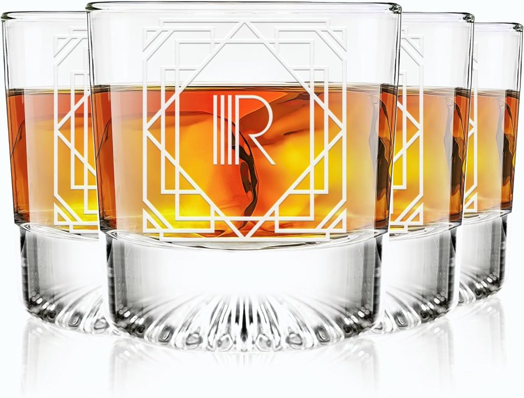 Greenline Goods - Monogram Art Deco Etched Letter R Whiskey Glass Perfect for Bourbon, Scotch, Liquor, Cocktail - Crystal Whiskey Glasses Set of 4 - Best Tasting Experience with Vintage Rocks Glasses