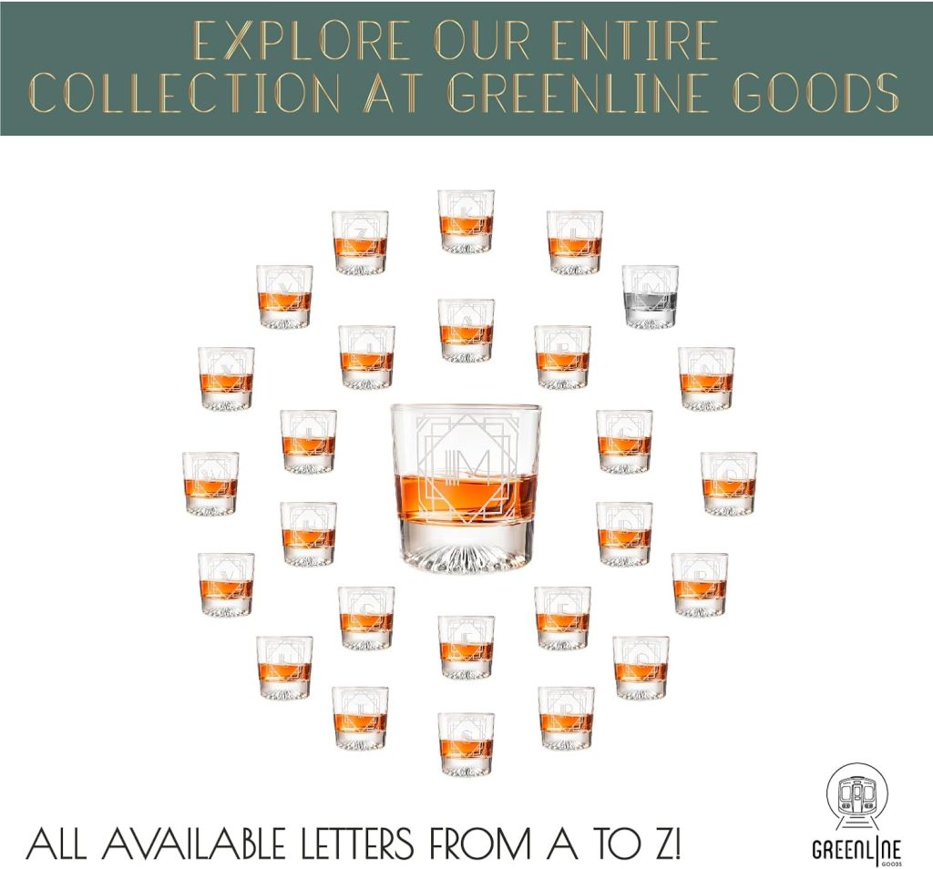 Greenline Goods - Monogram Art Deco Etched Letter R Whiskey Glass Perfect for Bourbon, Scotch, Liquor, Cocktail - Crystal Whiskey Glasses Set of 4 - Best Tasting Experience with Vintage Rocks Glasses