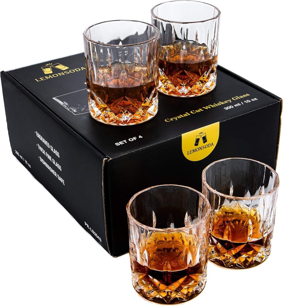 LEMONSODA Crystal Cut Old Fashioned Whiskey Glasses - With Premium Gift Box - 10oz Premium Lead-Free Crystal Glass Tumbler For Drinking Bourbon, Scotch, Cognac, Cocktails (Set of 2)