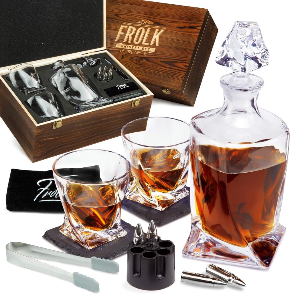 Whiskey Decanter and Stones Gift Set for Men - Whiskey Decanter, 2 Twisted Whiskey Glasses, 6 XL Stainless Steel Whisky Chillers, Freezer Base, 2 Slate Coasters, Tongs  Freezer Pouch in Pinewood Box