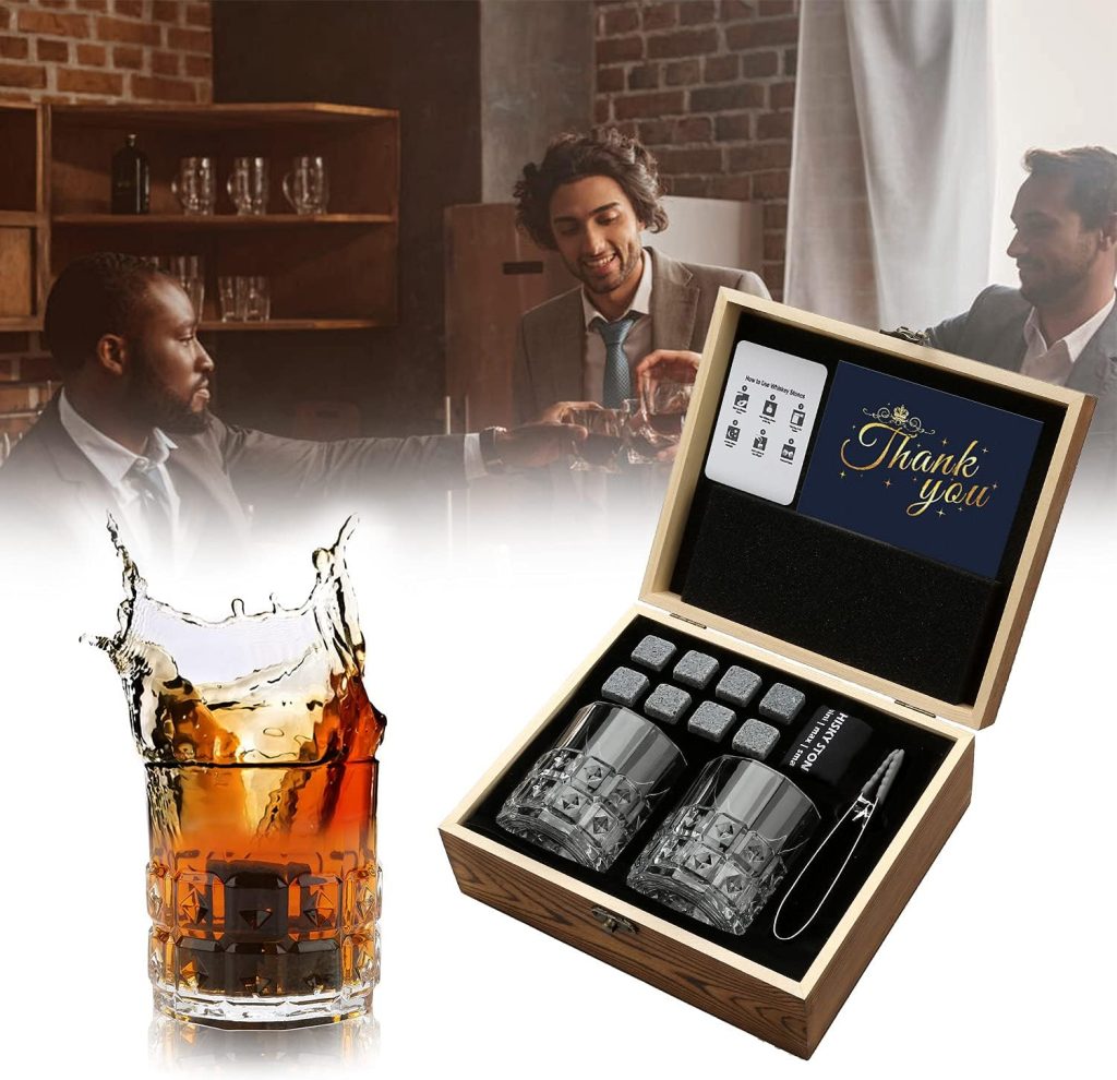 Whiskey Gifts for Men, Whiskey Glasses Set of 2, Granite Chilling Whiskey Stones, Bourbon Gifts for Men, Unique Gifts for Men Birthday Christmas Fathers Day Valentine Retirement Groomsmen