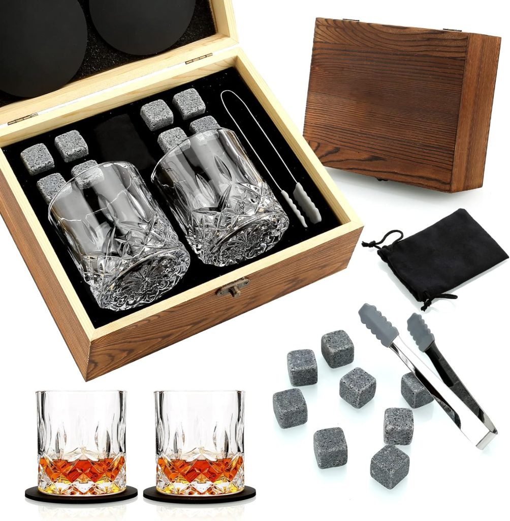 Whiskey Gifts for Men, Whiskey Glasses Set of 2, Granite Chilling Whiskey Stones, Bourbon Gifts for Men, Unique Gifts for Men Birthday Christmas Fathers Day Valentine Retirement Groomsmen