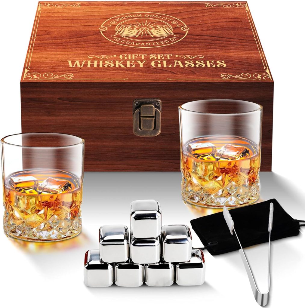 Whiskey Glasses Set - Birthday and Retirement Gifts for Men - 2X Exquisite Glasses,8 x Stainless Steel Cooling Stones,Handcrafted Engraved Box,Ice Serving Tongs,and Velvet Bag