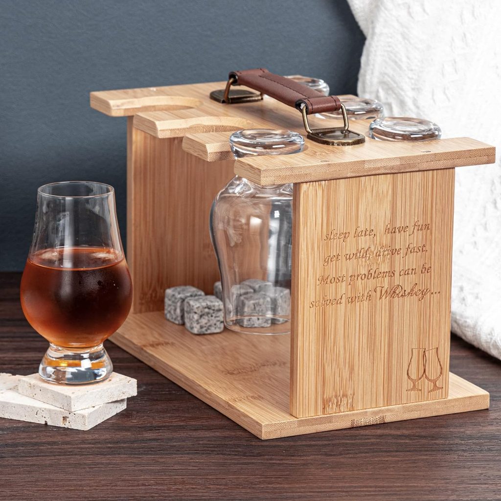 Wooden Whisky Tasting Glass Rack- Compatible with Glencairn Whiskey Glasses Set of 6, Glassware Drying Holder Carrier Bourbon Whiskey Glasses Storage Organizer with Stones (Not Include Glasses)