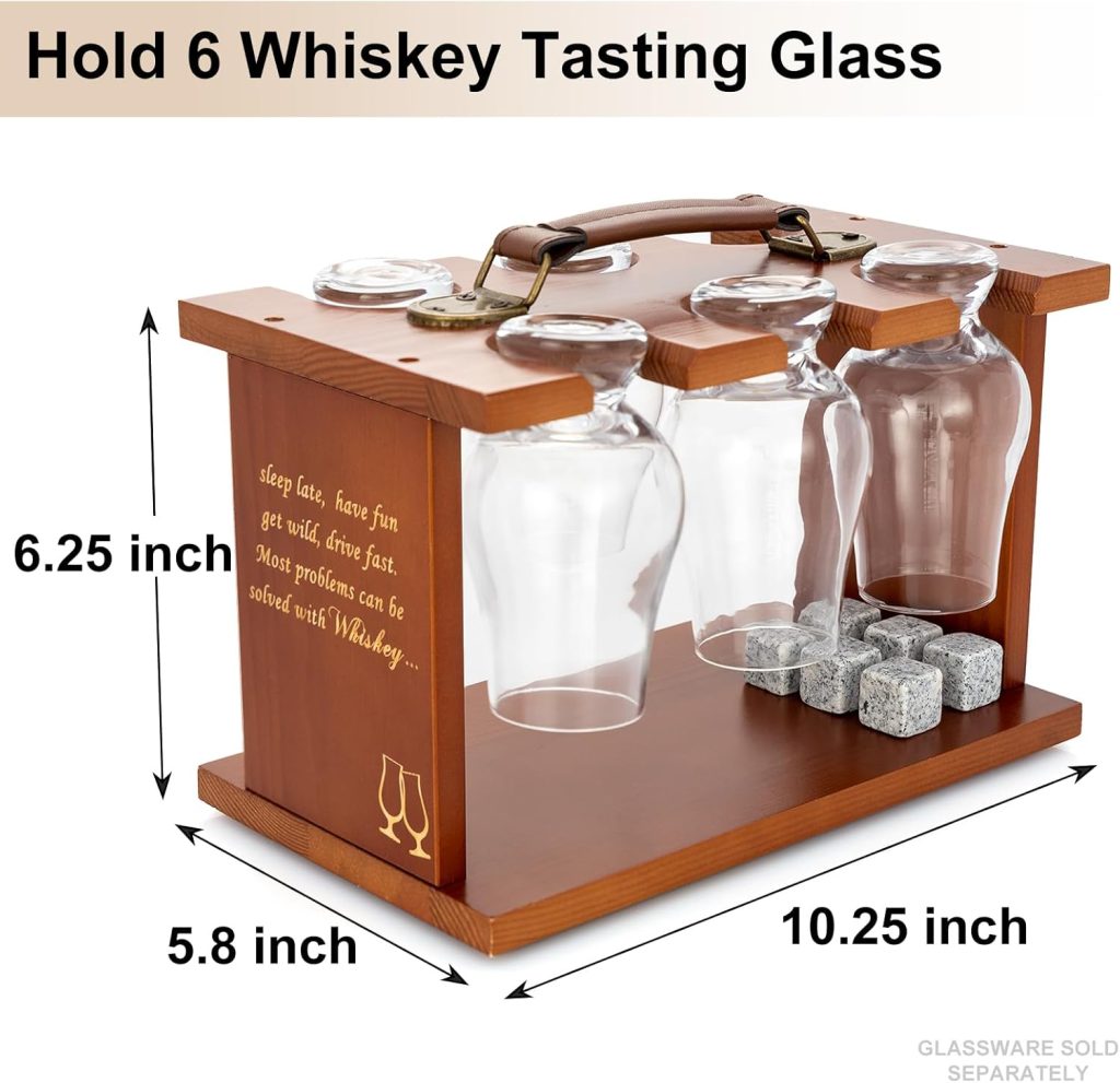 Wooden Whisky Tasting Glass Rack- Compatible with Glencairn Whiskey Glasses Set of 6, Glassware Drying Holder Carrier Bourbon Whiskey Glasses Storage Organizer with Stones (Not Include Glasses)