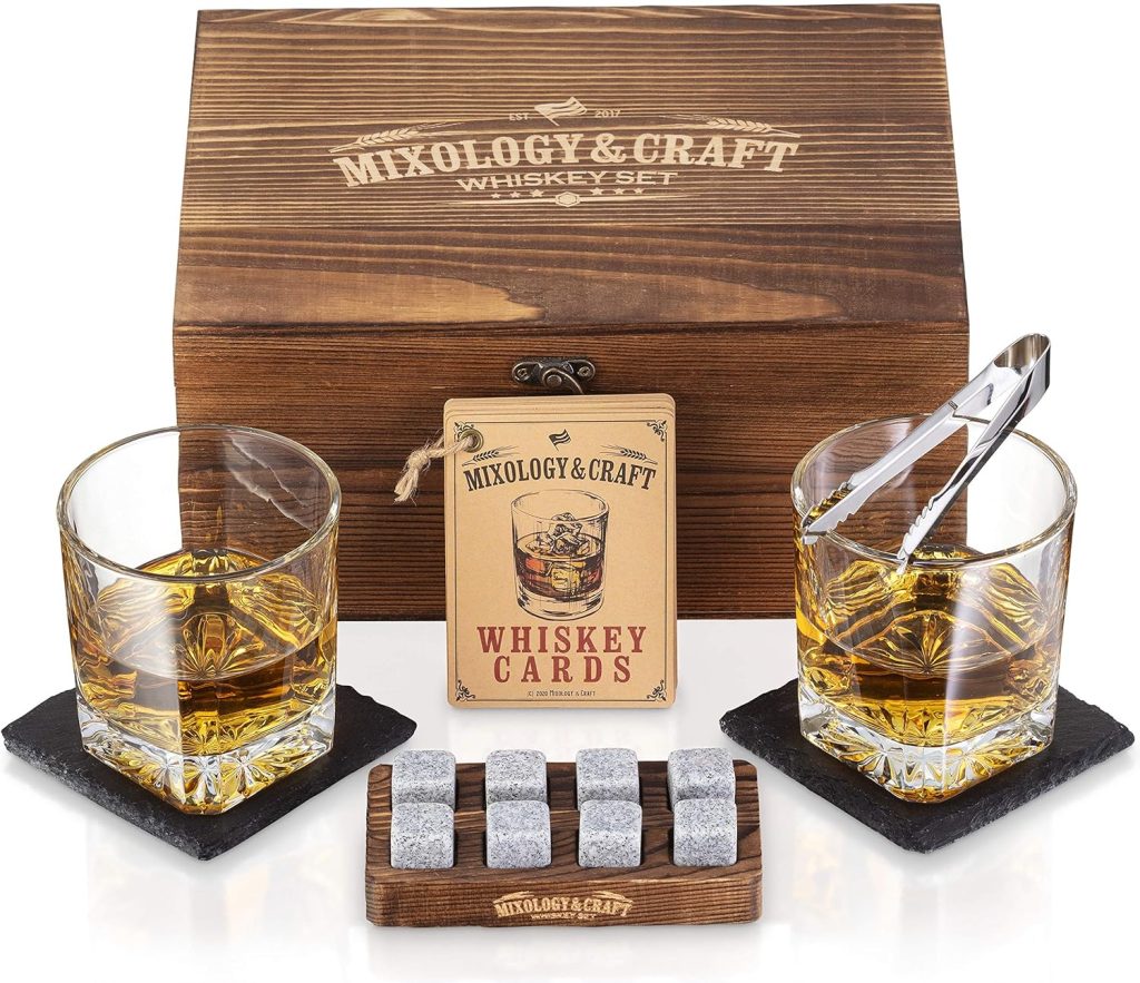 Mixology Whiskey Stones Gift Set for Men - Pack of 2, 10 oz Whiskey Glasses w/ 8 Granite Chilling Rocks, 2 Coasters, Metal Tong  Cocktail Cards in Wooden Box - Square