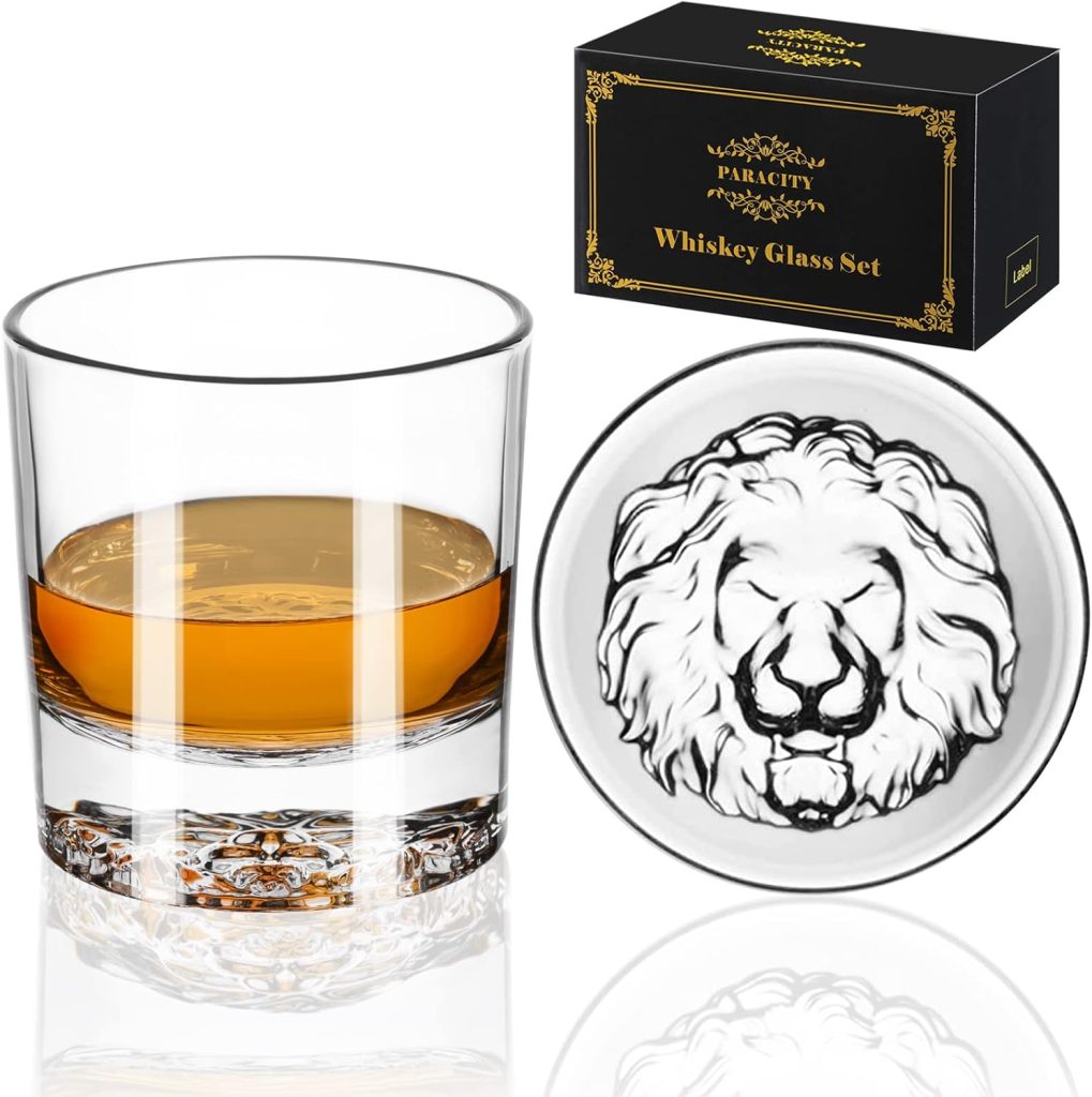 PARACITY Whiskey Glasses, Lion Pattern Thick Bottom, 10.6oz Old Fashioned Glasses for Whiskey, Gin, Vodka, Whiskey Glasses Set of 2, Gift for Men, Fathers Day Gift