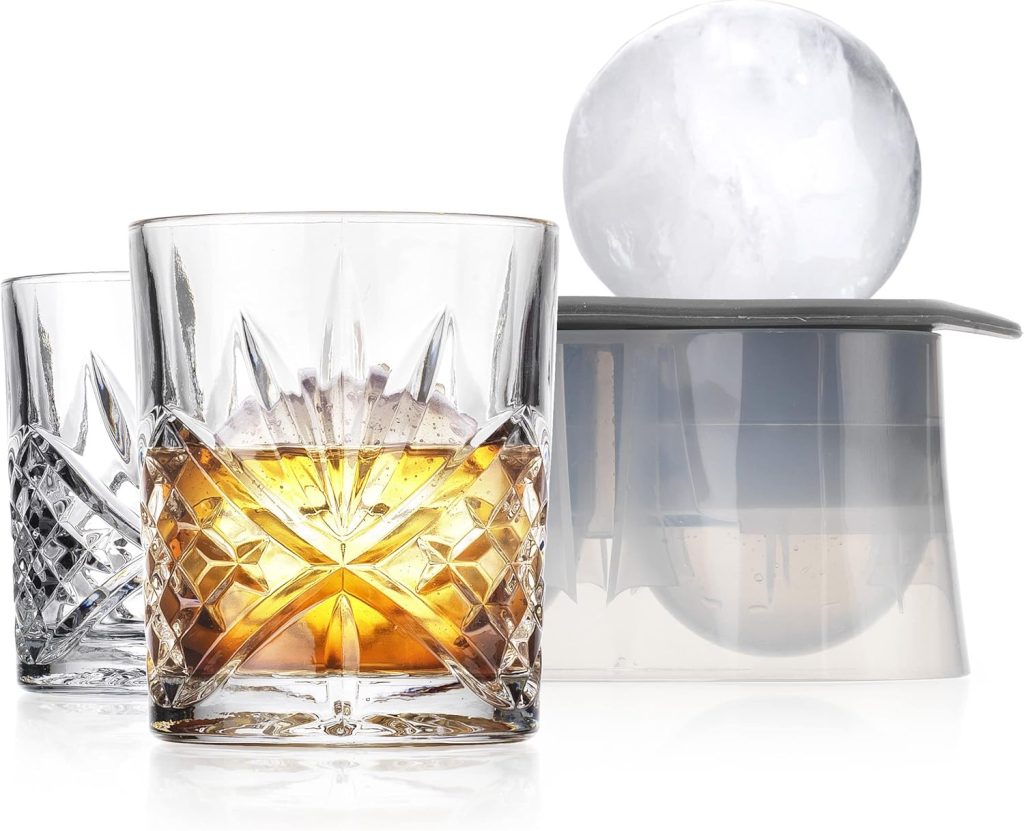 Godinger Old Fashioned Whiskey Glasses with Bonus Sphere Ice Ball Maker Ice Molds, Whiskey Drinking Glasses Set of 2, Rocks Glasses, Gifts for Men - Dublin Collection, Set of 2