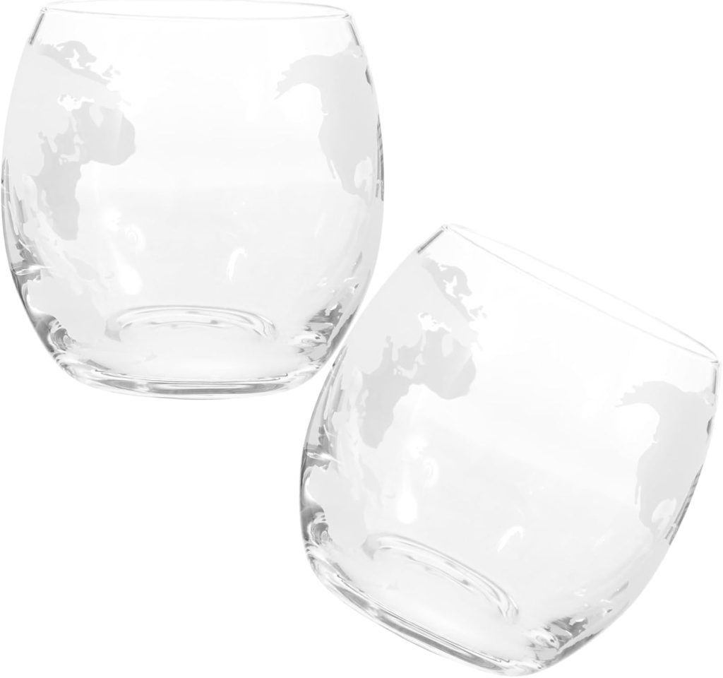 Angoily 2pcs Globe Whiskey Glasses Novelty Drink Glasses Rum Rocks Glass Clear Glass Cocktail Cups World Map Wine Glasses Etched Globe Map Cups for Wine Whiskey Home Bar Use