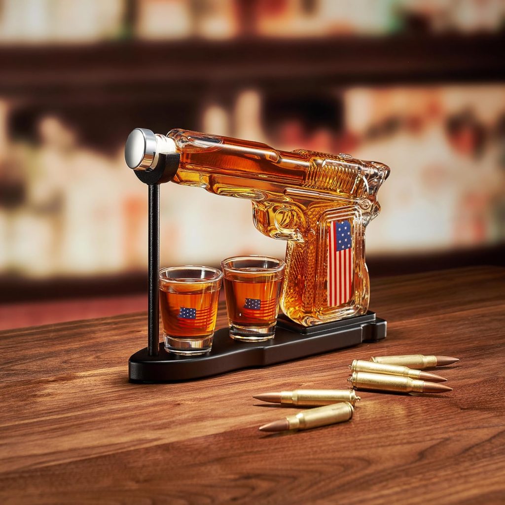 Gifts for Men Dad, 10.1 Oz Whiskey Gun Decanter Set + 2 Bullet Glasses - Unique Birthday Pistol Gift Ideas Daughter Son, Personalized Liquor Dispenser - Scotch Bourbon Vodka, Him, Brother Husband