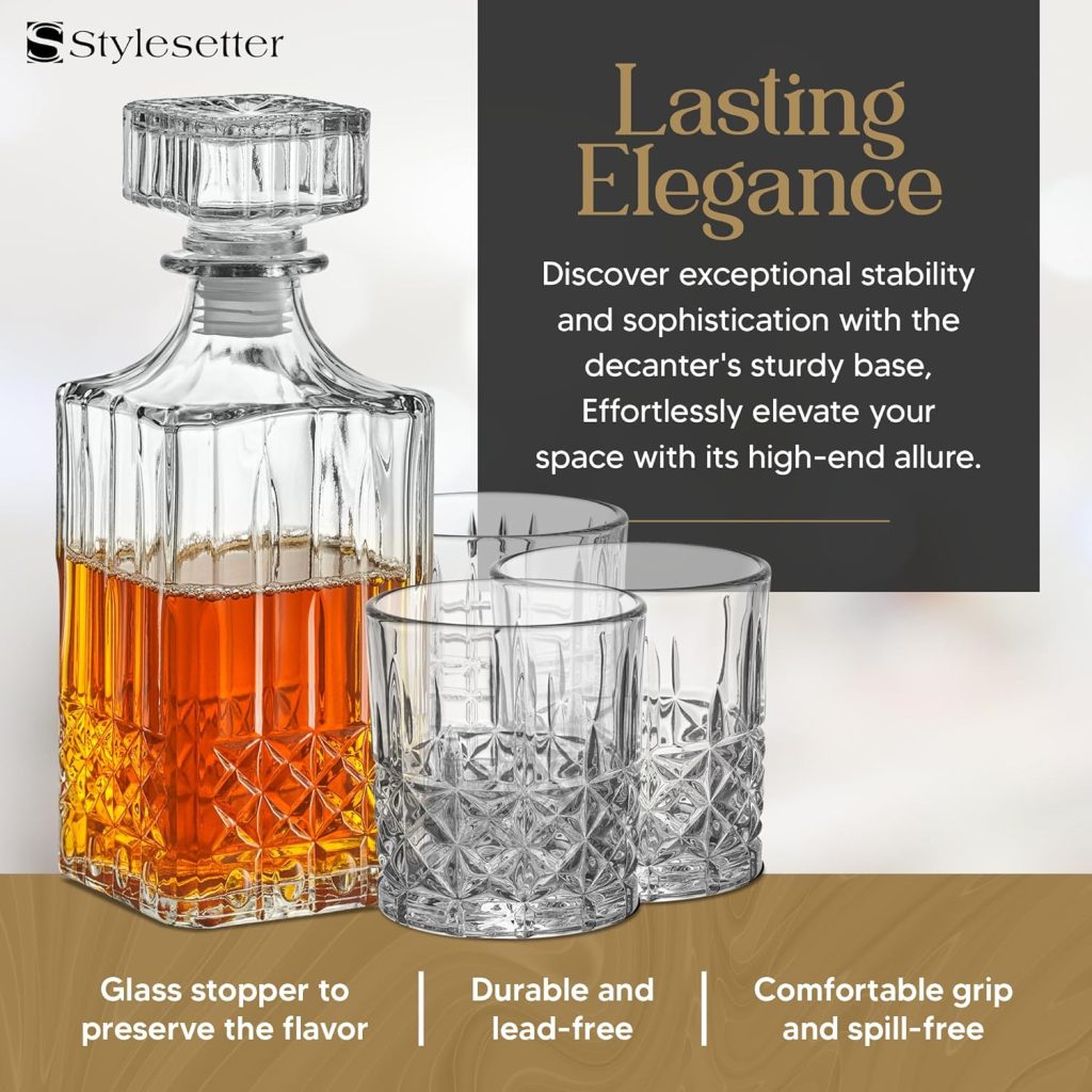 Style Setter Whiskey Decanter Set with Glasses - Prestigious Whiskey Set with 25oz Liquor Decanter and 6 Glasses - Upscale Whisky Decanter  Glass Set - Birthday Gifts Fathers Day