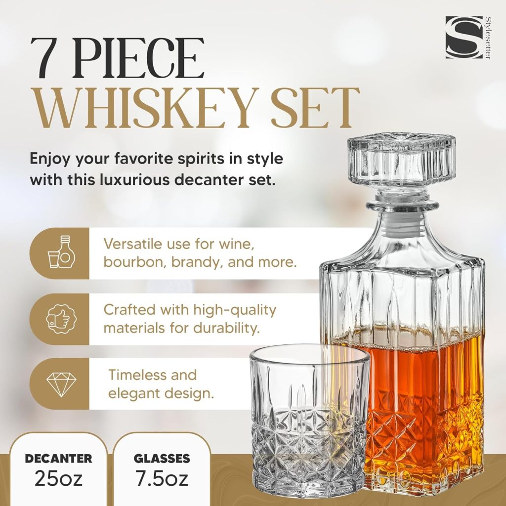 Style Setter Whiskey Decanter Set with Glasses - Prestigious Whiskey Set with 25oz Liquor Decanter and 6 Glasses - Upscale Whisky Decanter  Glass Set - Birthday Gifts Fathers Day