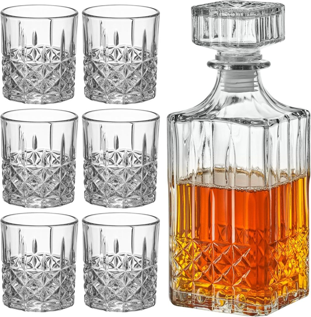 Style Setter Whiskey Decanter Set with Glasses - Prestigious Whiskey Set with 25oz Liquor Decanter and 6 Glasses - Upscale Whisky Decanter  Glass Set - Birthday Gifts Fathers Day
