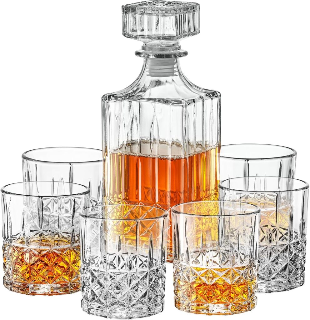 Style Setter Whiskey Decanter Set with Glasses - Prestigious Whiskey Set with 25oz Liquor Decanter and 6 Glasses - Upscale Whisky Decanter  Glass Set - Birthday Gifts Fathers Day