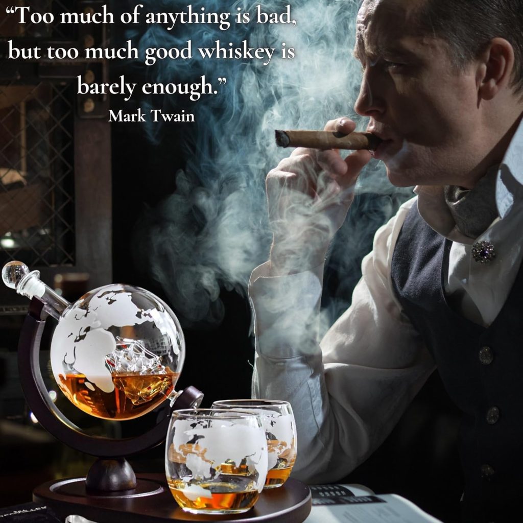 Whiskey Decanter Globe Set with 2 Etched Globe Whisky Glasses | Liquor Decanter | Whiskey Stones, Ice Tong, Funnel - Gifts For Men Dad, Husband - Liquor, Bourbon, Scotch, Vodka, Wood Stand - 850ml