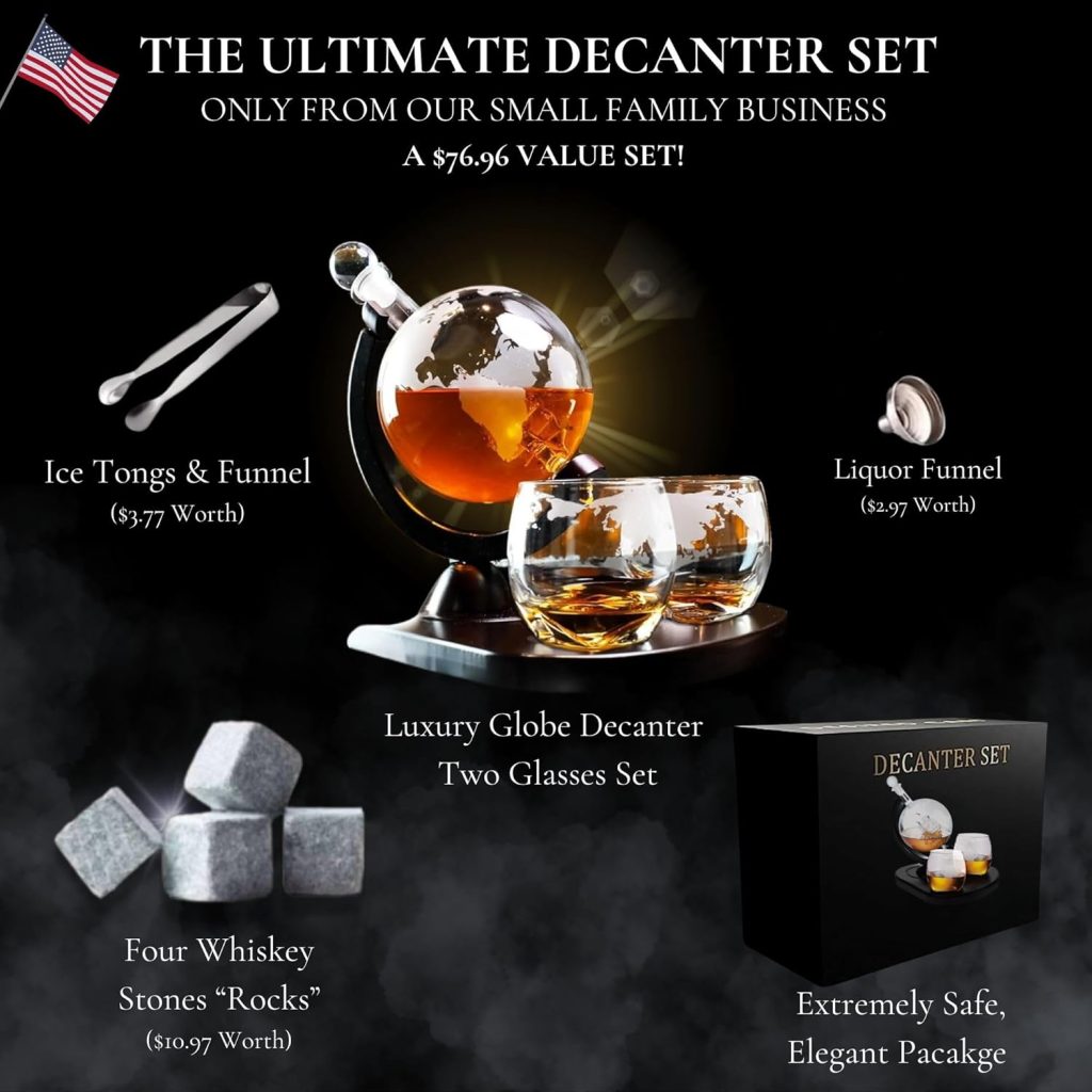 Whiskey Decanter Globe Set with 2 Etched Globe Whisky Glasses | Liquor Decanter | Whiskey Stones, Ice Tong, Funnel - Gifts For Men Dad, Husband - Liquor, Bourbon, Scotch, Vodka, Wood Stand - 850ml