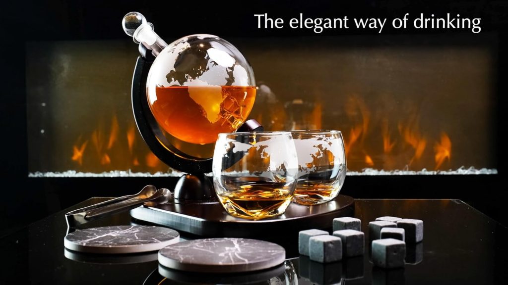 Whiskey Decanter Globe Set with 2 Etched Globe Whisky Glasses | Liquor Decanter | Whiskey Stones, Ice Tong, Funnel - Gifts For Men Dad, Husband - Liquor, Bourbon, Scotch, Vodka, Wood Stand - 850ml