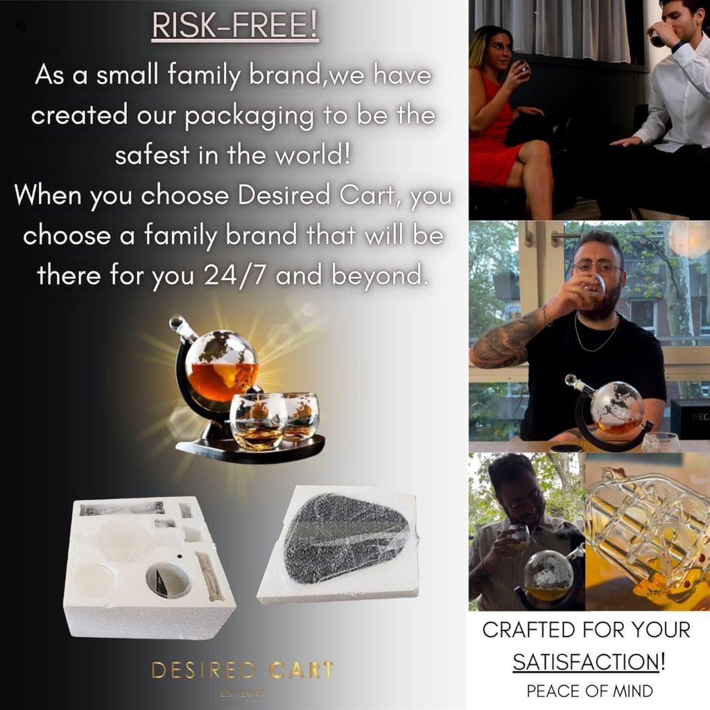 Whiskey Decanter Globe Set with 2 Etched Globe Whisky Glasses | Liquor Decanter | Whiskey Stones, Ice Tong, Funnel - Gifts For Men Dad, Husband - Liquor, Bourbon, Scotch, Vodka, Wood Stand - 850ml