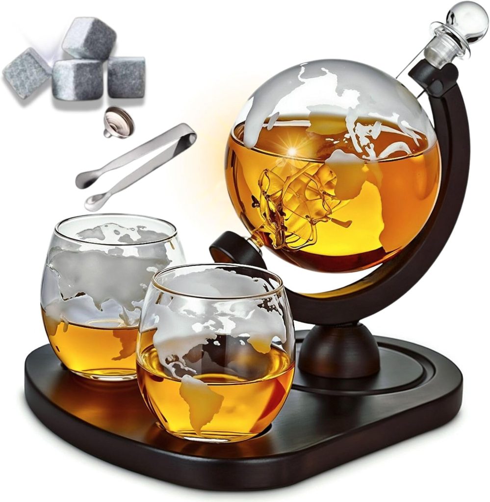 Whiskey Decanter Globe Set with 2 Etched Globe Whisky Glasses | Liquor Decanter | Whiskey Stones, Ice Tong, Funnel - Gifts For Men Dad, Husband - Liquor, Bourbon, Scotch, Vodka, Wood Stand - 850ml