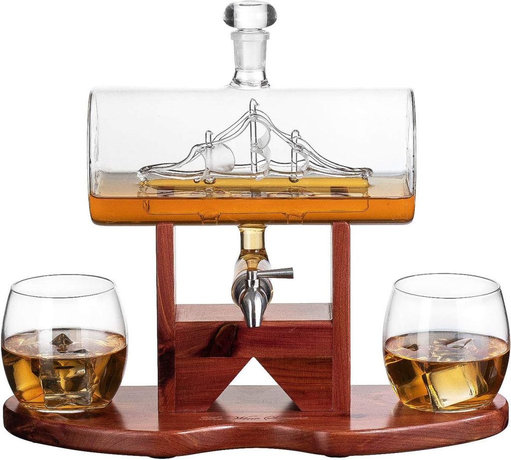 Whiskey Decanter Set, Liquor Dispenser for Home Bar, Crystal Glass - 1250ml Ship  2 Whiskey Glasses Beautiful Stand, Gift for Dad, Husband or Boyfriend - The Wine Savant 100% Lead-Free