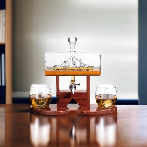 Whiskey Decanter Set, Liquor Dispenser for Home Bar, Crystal Glass - 1250ml Ship  2 Whiskey Glasses Beautiful Stand, Gift for Dad, Husband or Boyfriend - The Wine Savant 100% Lead-Free