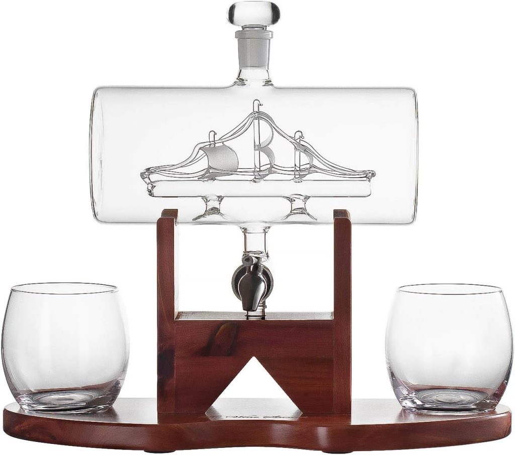 Whiskey Decanter Set, Liquor Dispenser for Home Bar, Crystal Glass - 1250ml Ship  2 Whiskey Glasses Beautiful Stand, Gift for Dad, Husband or Boyfriend - The Wine Savant 100% Lead-Free