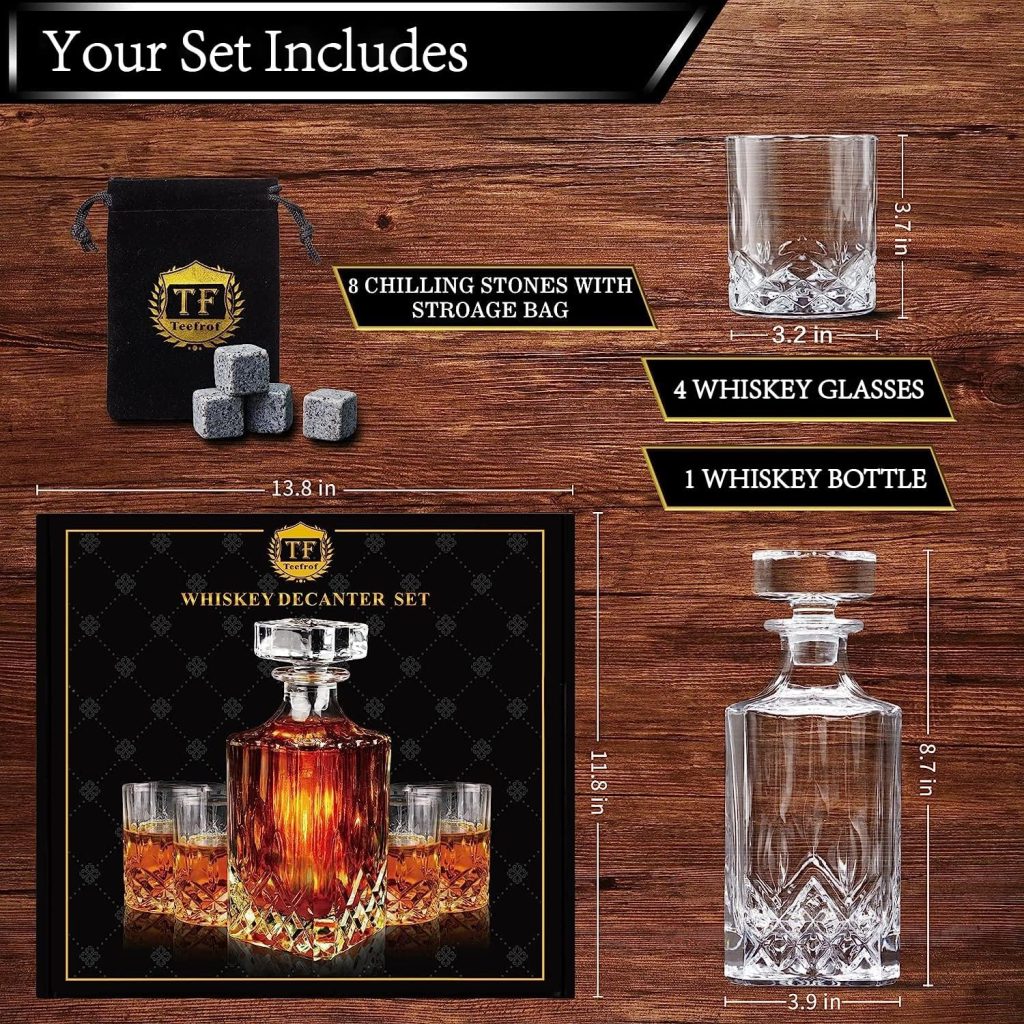Whiskey Decanter Set with 4 Glasses 8 Whiskey Stones, 0.75L Classic Diamond Cut Crystal for Men, Women, Husband, Dad, Boyfriend, Grandpa on Fathers Day, Birthday, Anniversary Whiskey Decanter Set with 4 Glasses 8 Whiskey Stones, 0.75L Classic Diamond Cut Crystal for Men, Women, Husband, Dad, Boyfriend, Grandpa on Fathers Day, Birthday, Anniversary