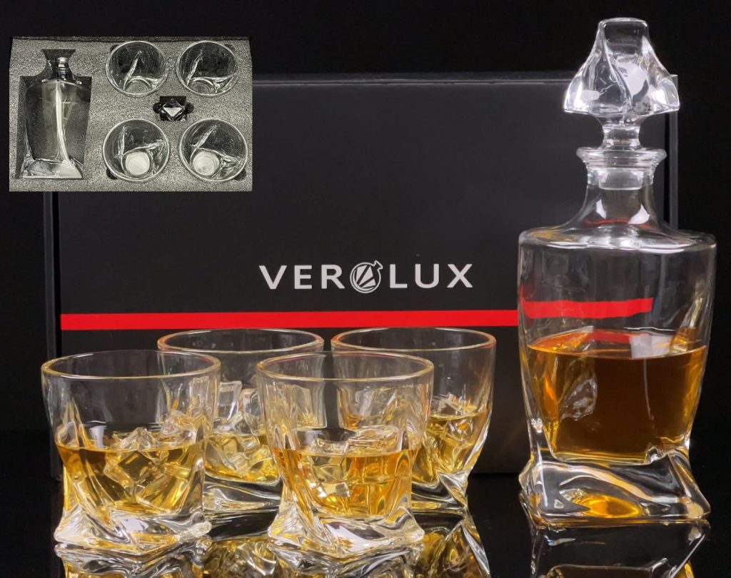 Whiskey Gifts for Men, Whiskey Decanter Set with 4 Glasses in Gift Box by Verolux | Elegant Twisted Design with Glass Stopper - Liquor, Bourbon, Brandy, Gin, Rum, Tequila, Vodka, Cognac Whiskey Gifts for Men, Whiskey Decanter Set with 4 Glasses in Gift Box by Verolux | Elegant Twisted Design with Glass Stopper - Liquor, Bourbon, Brandy, Gin, Rum, Tequila, Vodka, Cognac