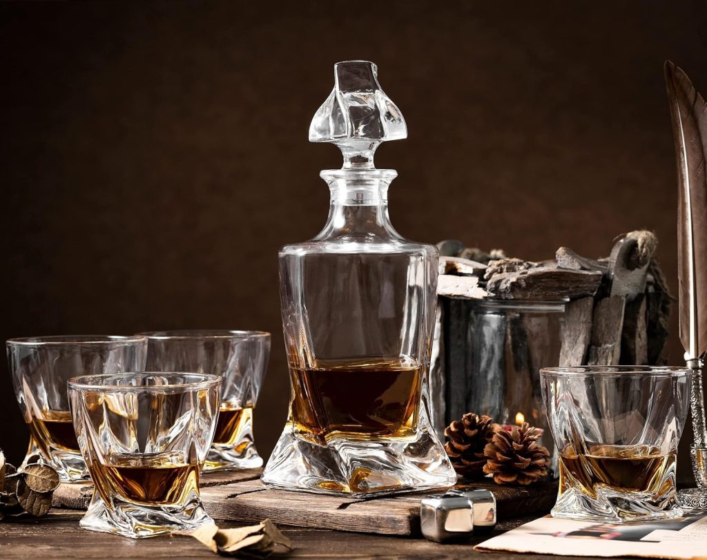 Whiskey Gifts for Men, Whiskey Decanter Set with 4 Glasses in Gift Box by Verolux | Elegant Twisted Design with Glass Stopper - Liquor, Bourbon, Brandy, Gin, Rum, Tequila, Vodka, Cognac Whiskey Gifts for Men, Whiskey Decanter Set with 4 Glasses in Gift Box by Verolux | Elegant Twisted Design with Glass Stopper - Liquor, Bourbon, Brandy, Gin, Rum, Tequila, Vodka, Cognac
