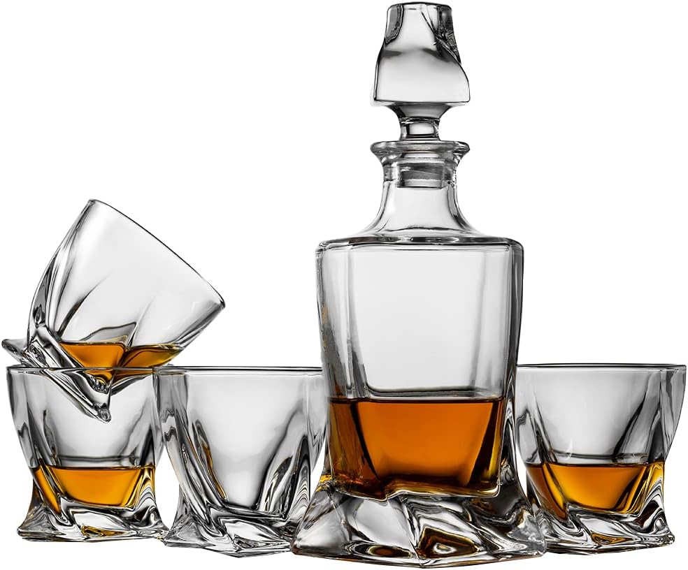 Whiskey Gifts for Men, Whiskey Decanter Set with 4 Glasses in Gift Box by Verolux | Elegant Twisted Design with Glass Stopper - Liquor, Bourbon, Brandy, Gin, Rum, Tequila, Vodka, Cognac Whiskey Gifts for Men, Whiskey Decanter Set with 4 Glasses in Gift Box by Verolux | Elegant Twisted Design with Glass Stopper - Liquor, Bourbon, Brandy, Gin, Rum, Tequila, Vodka, Cognac