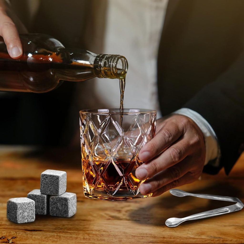 Whiskey Stones Gift Set - Bourbon Stones Gift for Men - 4 Granite Chilling Whiskey Rocks - Whiskey Glass and Stones Set - Drinking Gifts for Men Dad Husband Birthday Fathers Day Groomsmen Gifts Whiskey Stones Gift Set - Bourbon Stones Gift for Men - 4 Granite Chilling Whiskey Rocks - Whiskey Glass and Stones Set - Drinking Gifts for Men Dad Husband Birthday Fathers Day Groomsmen Gifts