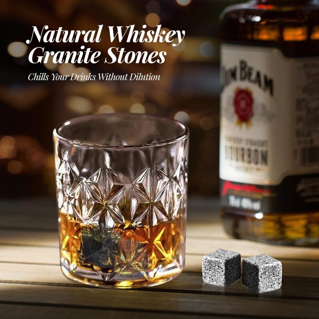 Whiskey Stones Gift Set - Bourbon Stones Gift for Men - 4 Granite Chilling Whiskey Rocks - Whiskey Glass and Stones Set - Drinking Gifts for Men Dad Husband Birthday Fathers Day Groomsmen Gifts Whiskey Stones Gift Set - Bourbon Stones Gift for Men - 4 Granite Chilling Whiskey Rocks - Whiskey Glass and Stones Set - Drinking Gifts for Men Dad Husband Birthday Fathers Day Groomsmen Gifts